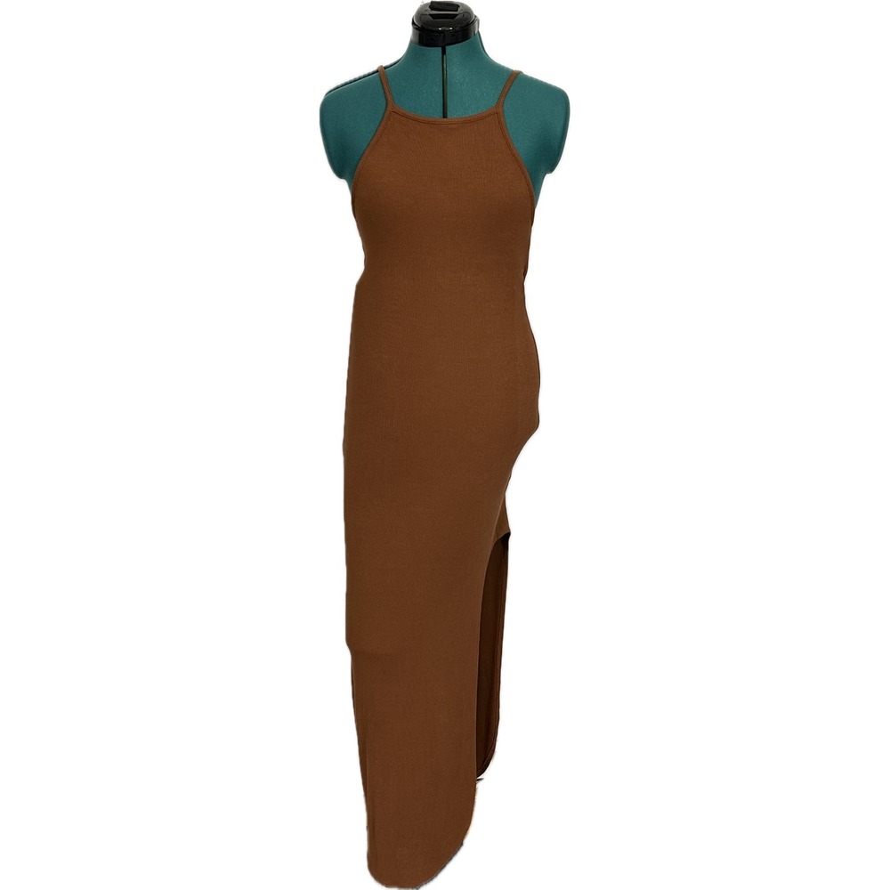 L*Space Maxi Dress Ribbed Open Back Tie Slit SM Brown Summer Boho Bodycon